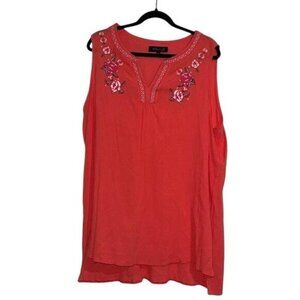 Whispers New York Coral Sleeveless Top With Floral Embroidery & Keyhole Neckline